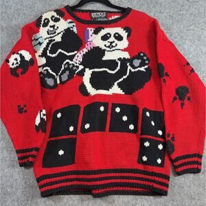 Berek  Red Black Panda Graphic Crewneck Sweater with White Accents